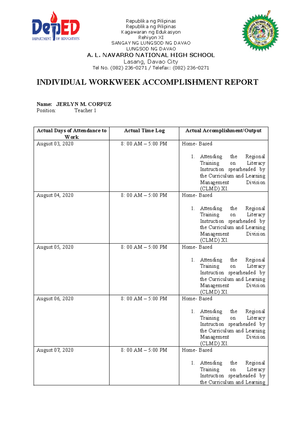 Individual Workweek Accomplishment Report ( August) - Republika ng ...