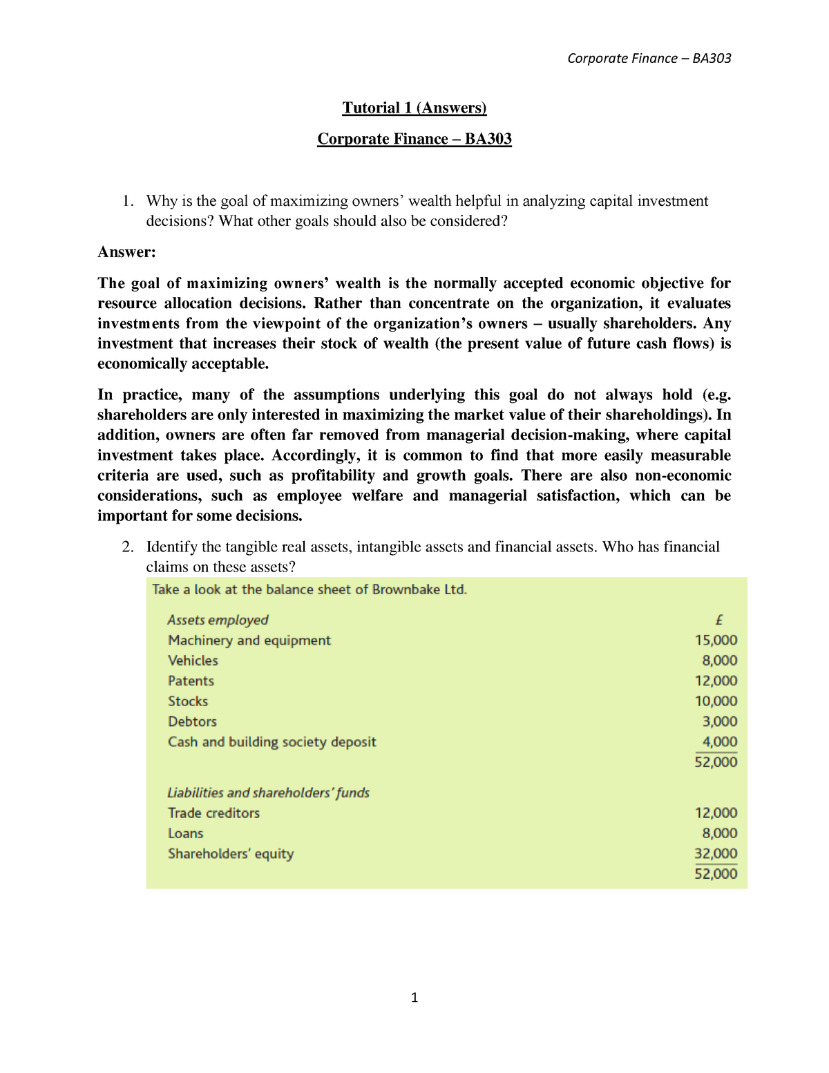 Tutorial 1 - Solution - Corporate Finance – BA 1 Tutorial 1 (Answers ...