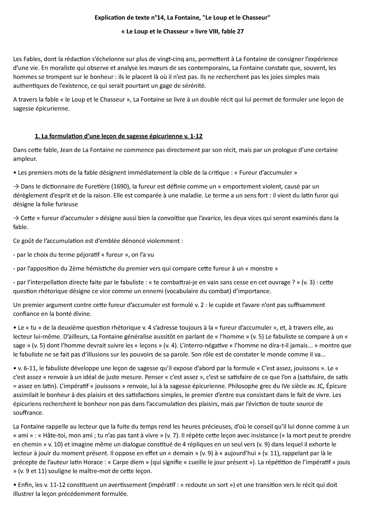 Francais Explication de texte n 14 Explication de texte n 14