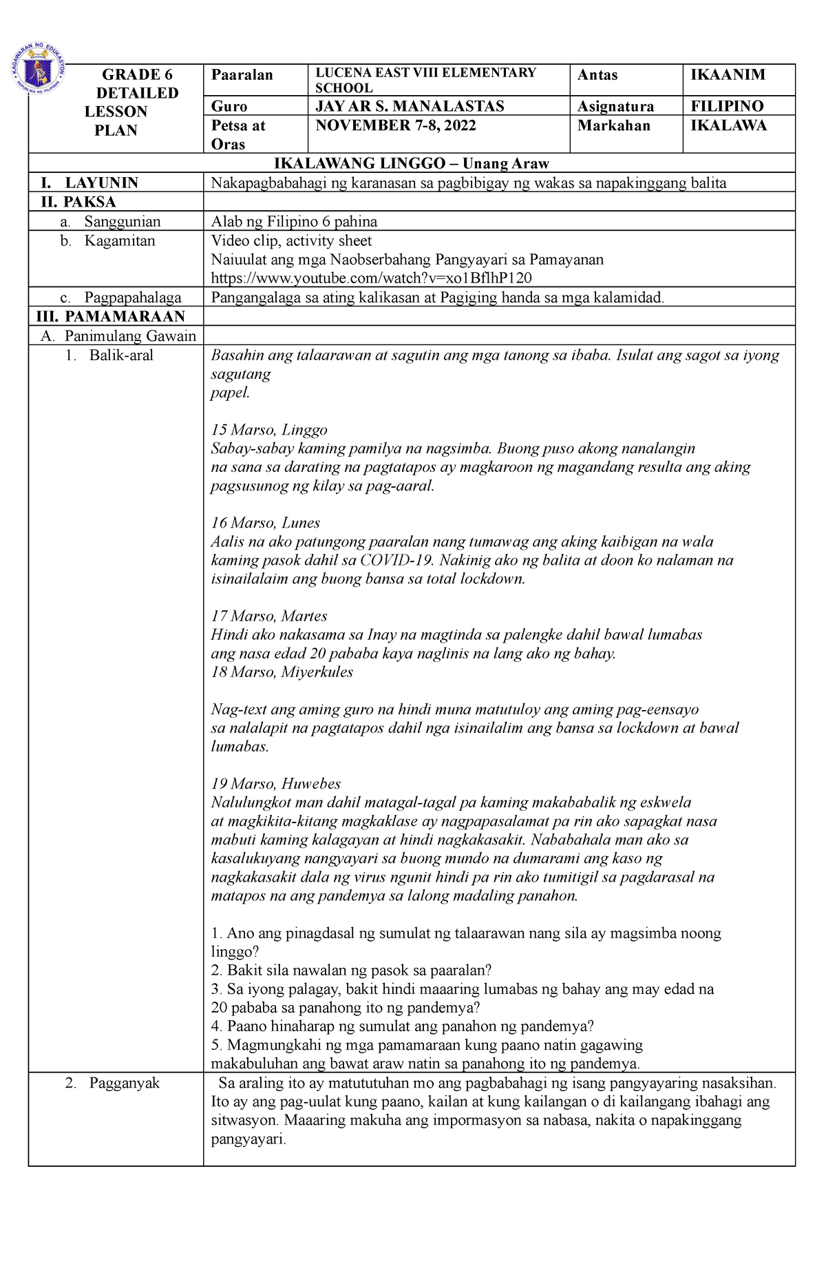 Dlp Filipino Q Week Grade Detailed Lesson Plan Paaralan Lucena Hot Sex Picture 8304