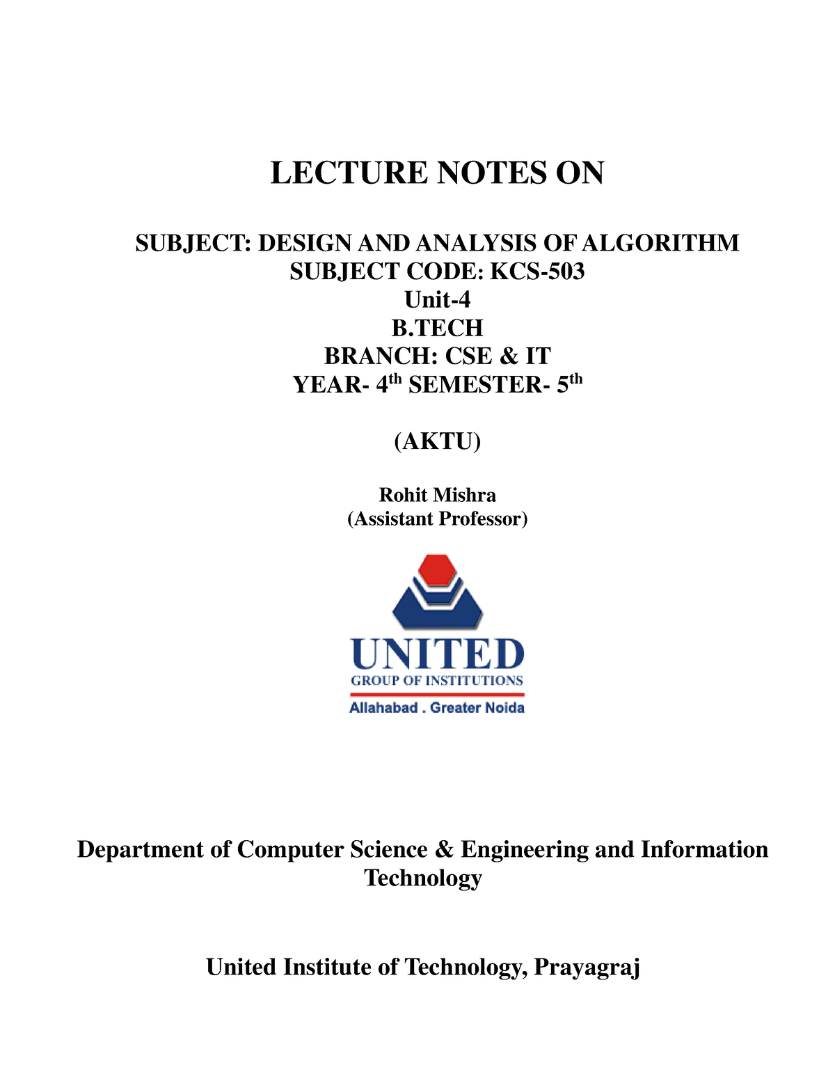 DAA Unit 4 Notes - LECTURE NOTES ON SUBJECT: DESIGN AND ANALYSIS OF ...