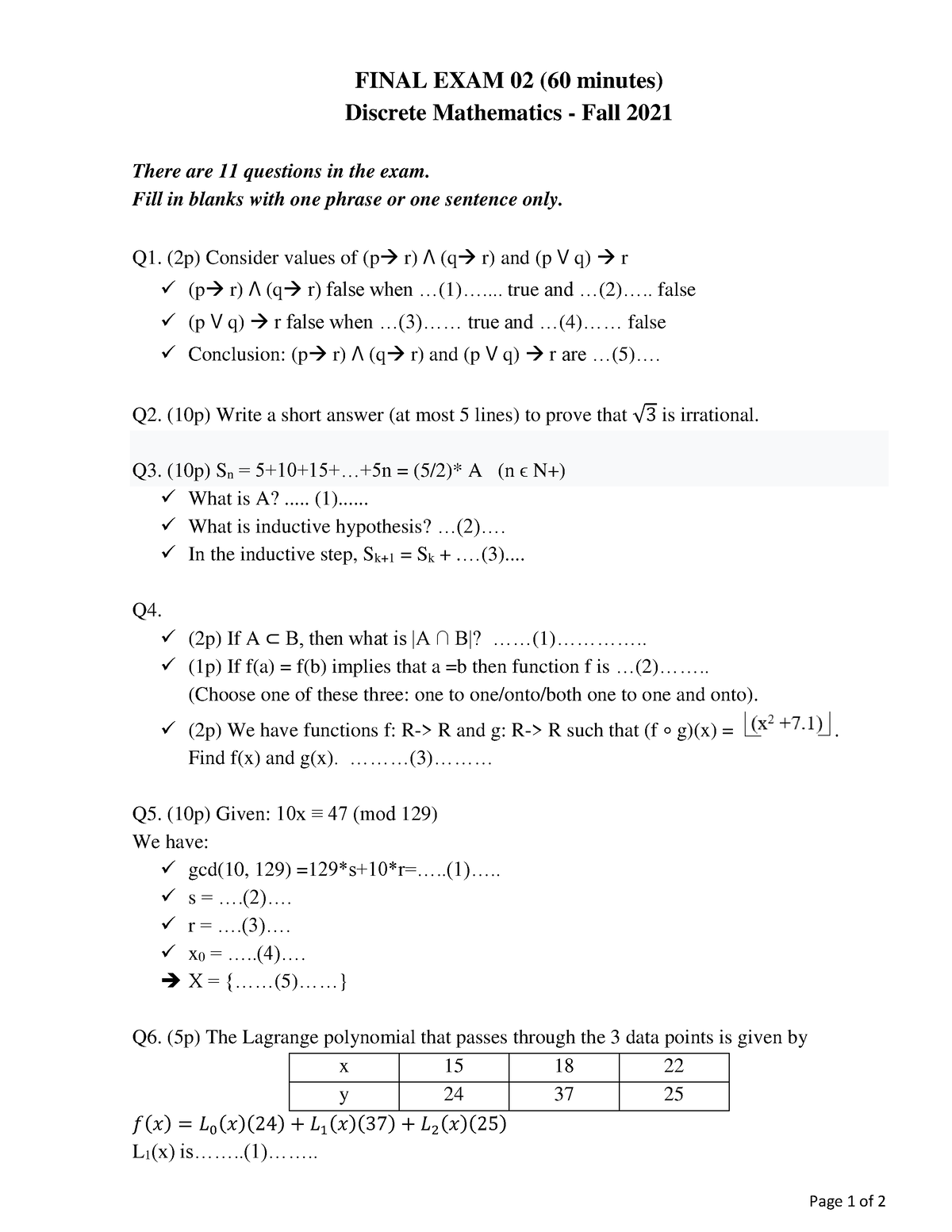 DMA F2021 Final EXAM 02 1 - Page 1 Of 2 FINAL EXAM 02 (60 Minutes ...