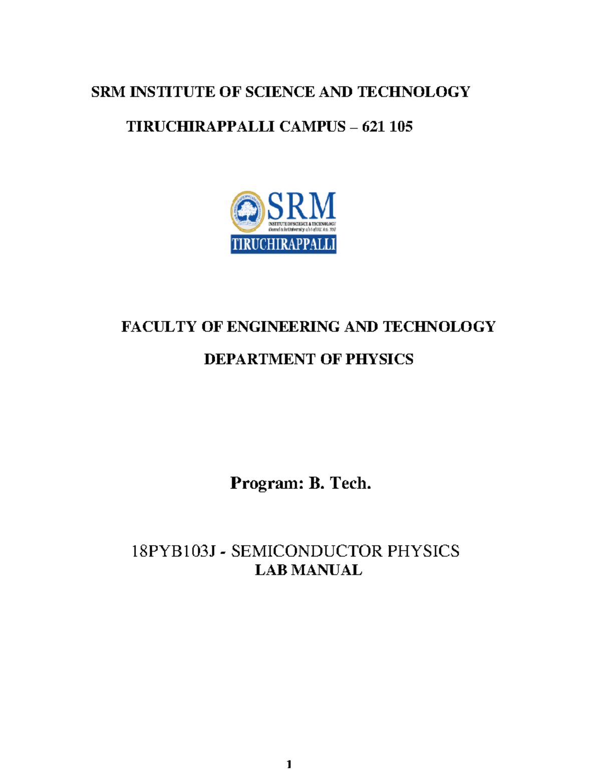 18PYB103J Semiconductor Physics LAB Manual SRM INSTITUTE OF SCIENCE