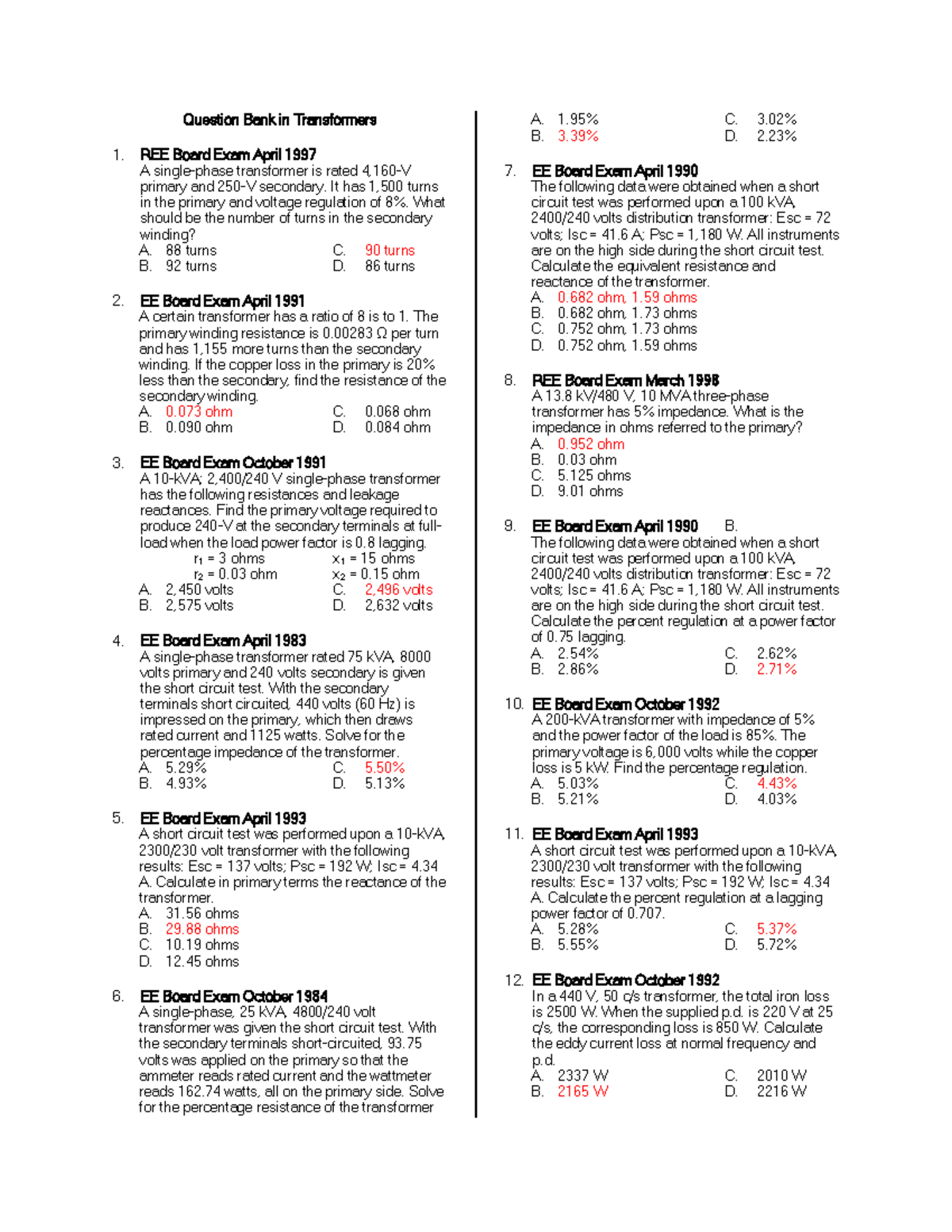 Question Bank In Transformers REE Board Exam April 1997 A Transformer