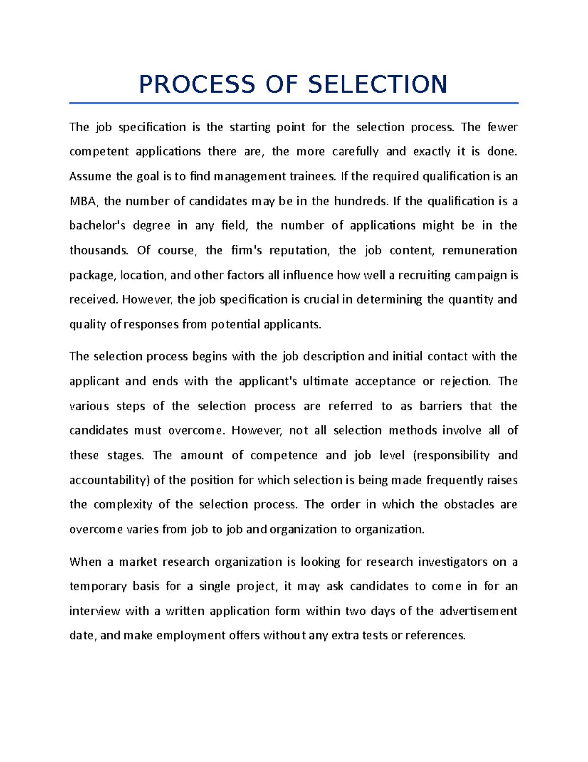 process-of-selection-process-of-selection-the-job-specification-is