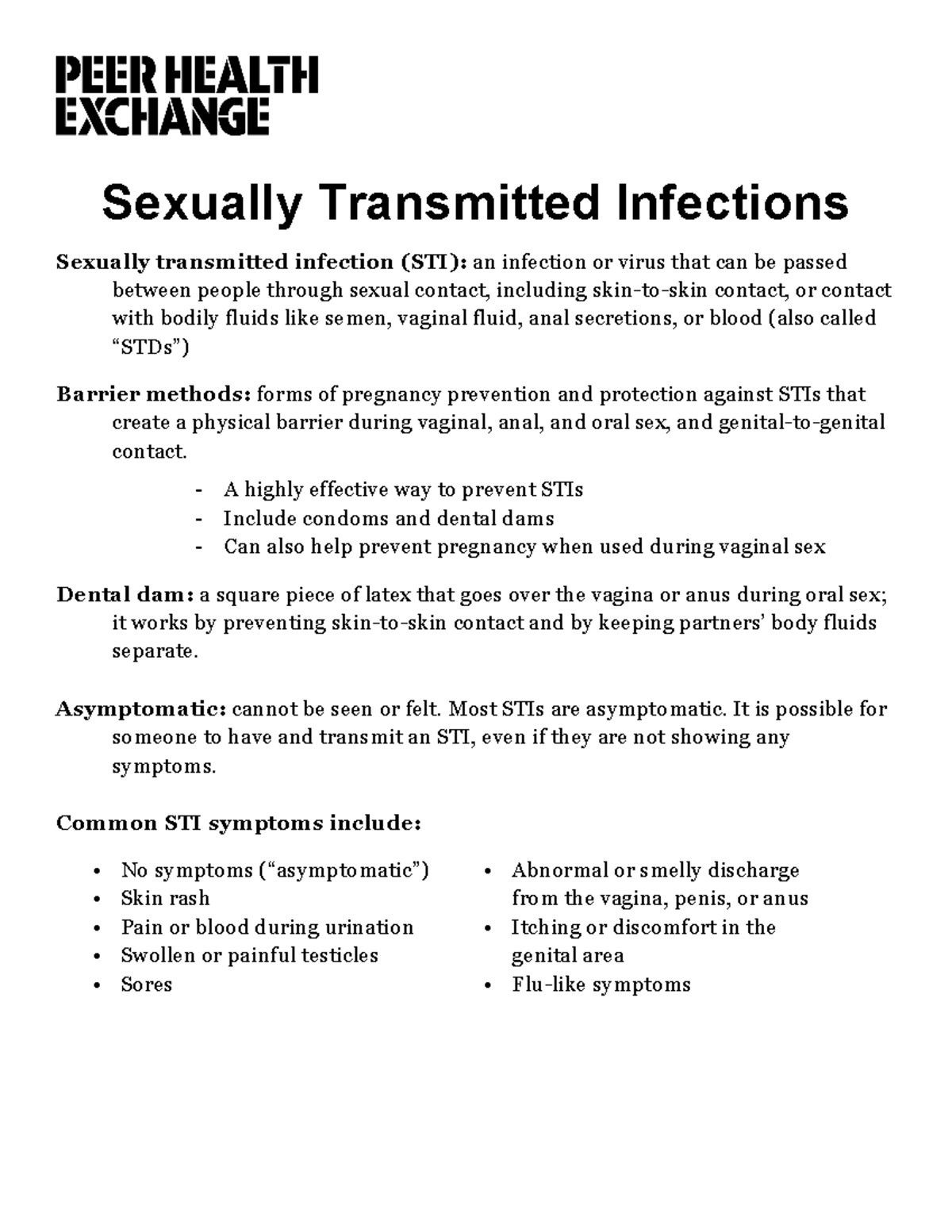 Peer Health Exchange notes - Sexually Transmitted Infections Sexually ...