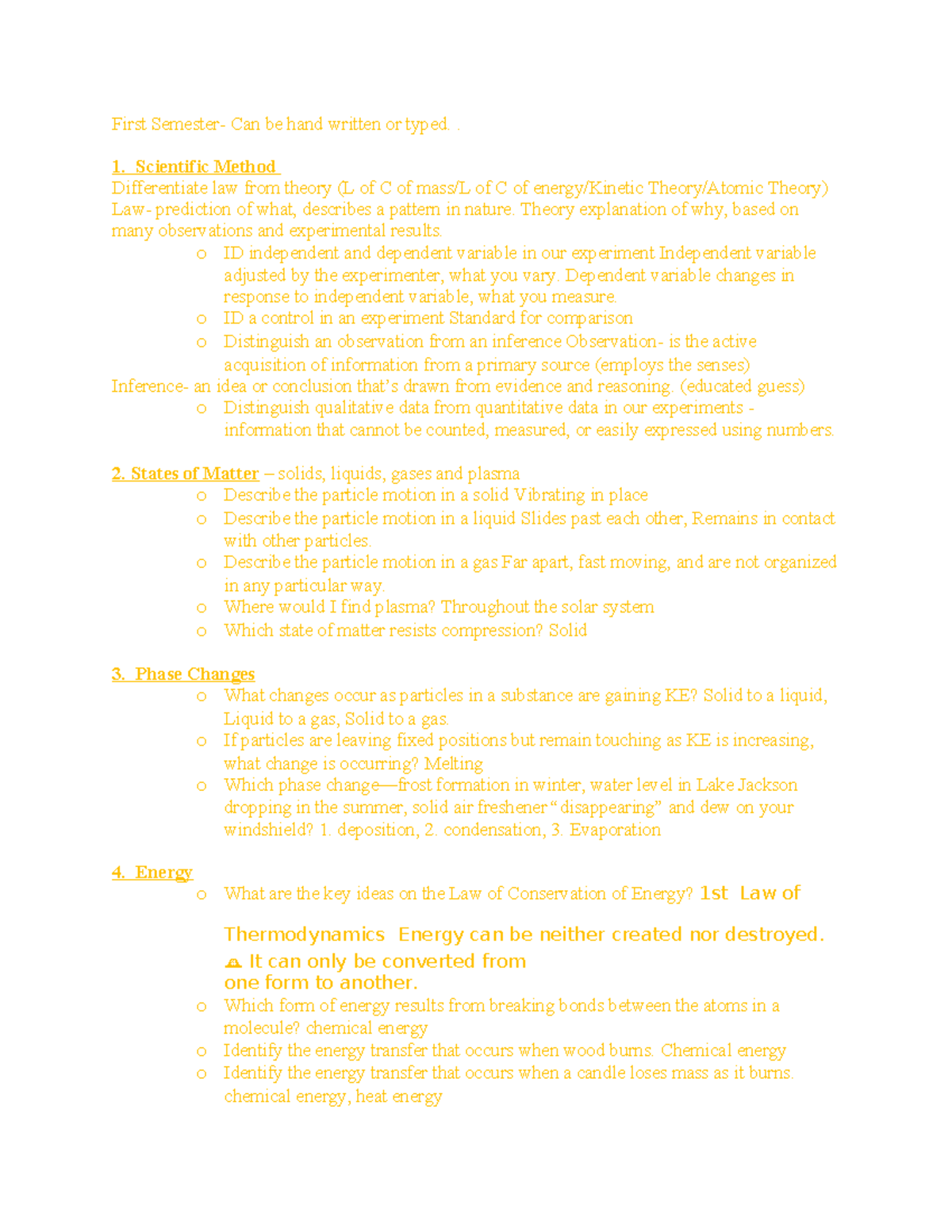 Study guide - Copy - First Semester- Can be hand written or typed ...