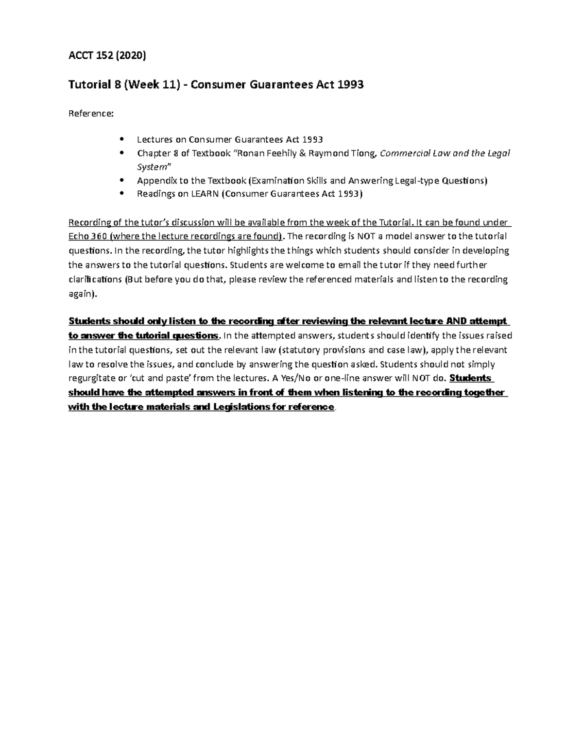 1 Tutorial 9 (Week 11) ACCT 152 (2020) Tutorial 8 (Week 11