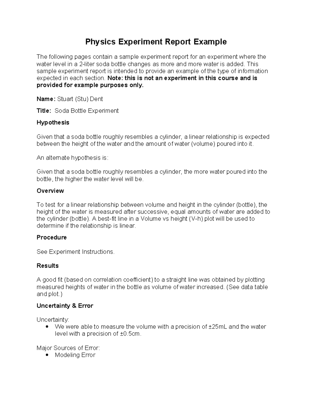 Physics Experiment Report Example - This sample experiment report is ...