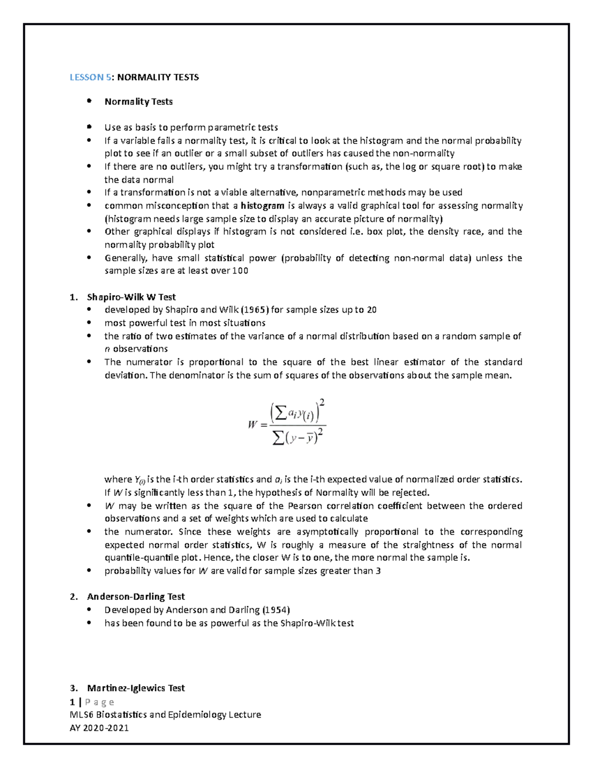 Module 4 Lesson 5(2) - None - LESSON 5: NORMALITY TESTS Normality Tests ...