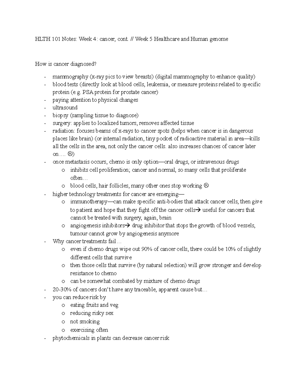 Week 5 notes - Dr. Diane Williams - HLTH 101 Notes: Week 4: cancer ...