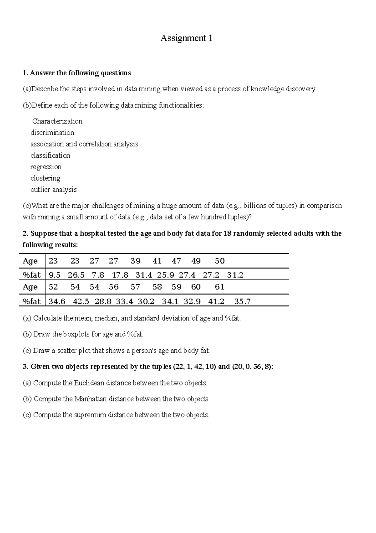 data mining assignment questions