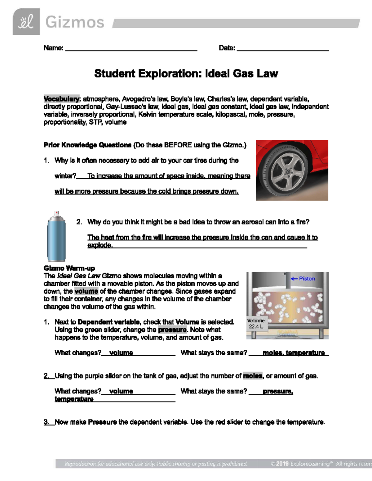 Student Exploration Ideal Gas laws Gizmos Lab Studocu