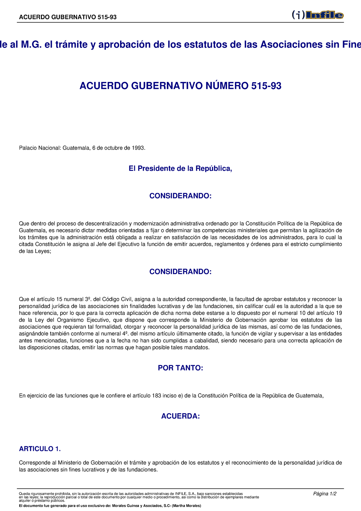 Acuerdo Gubernativo 515-93 - Asociaciones No Lucrativas - ACUERDO ...