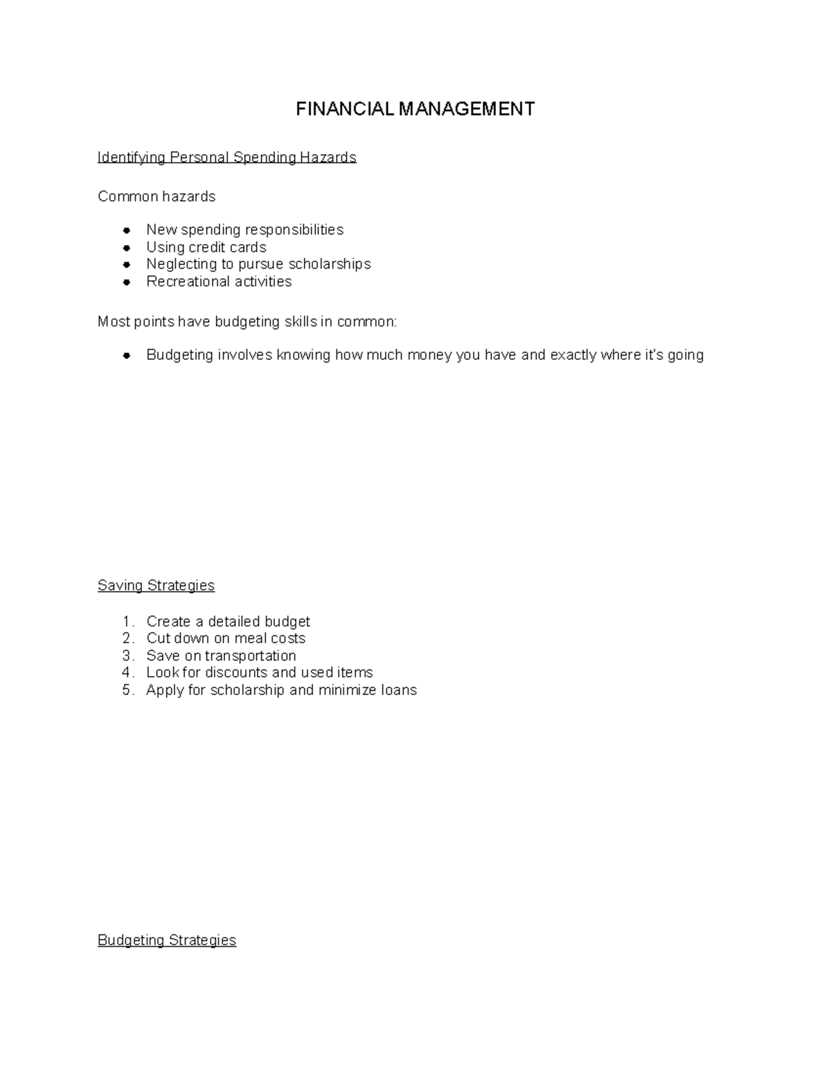 College Success Notes #20 - FINANCIAL MANAGEMENT Identifying Personal ...
