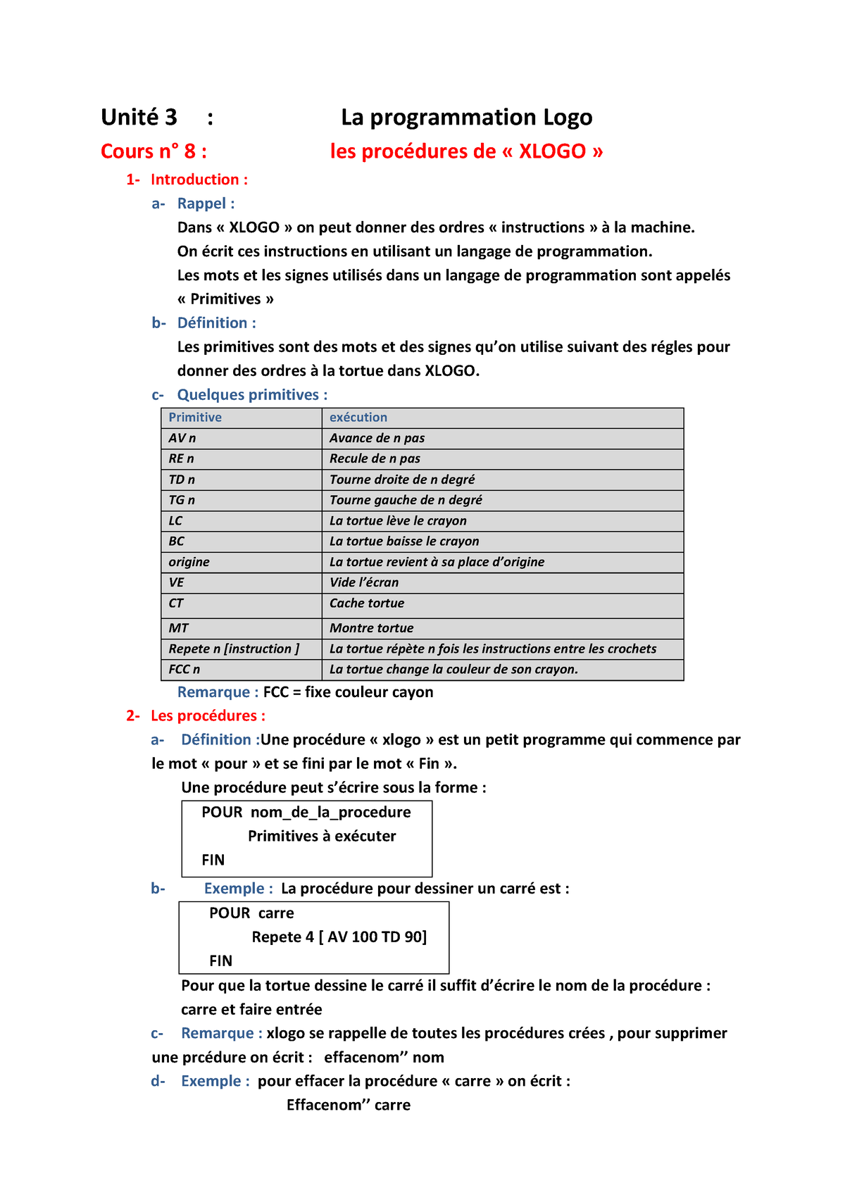 8 les procedures de xlogo - Unité 3 : La programmation Logo Cours n° 8 ...