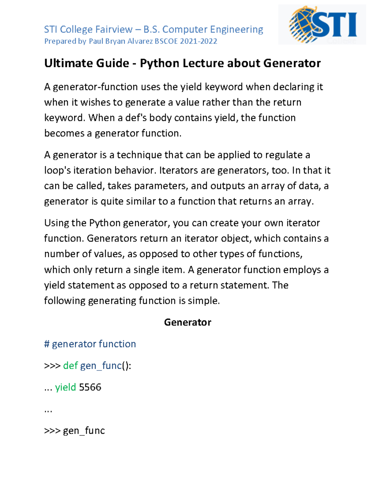 Ultimate Guide - Python Lecture about Generator - When a def's body ...