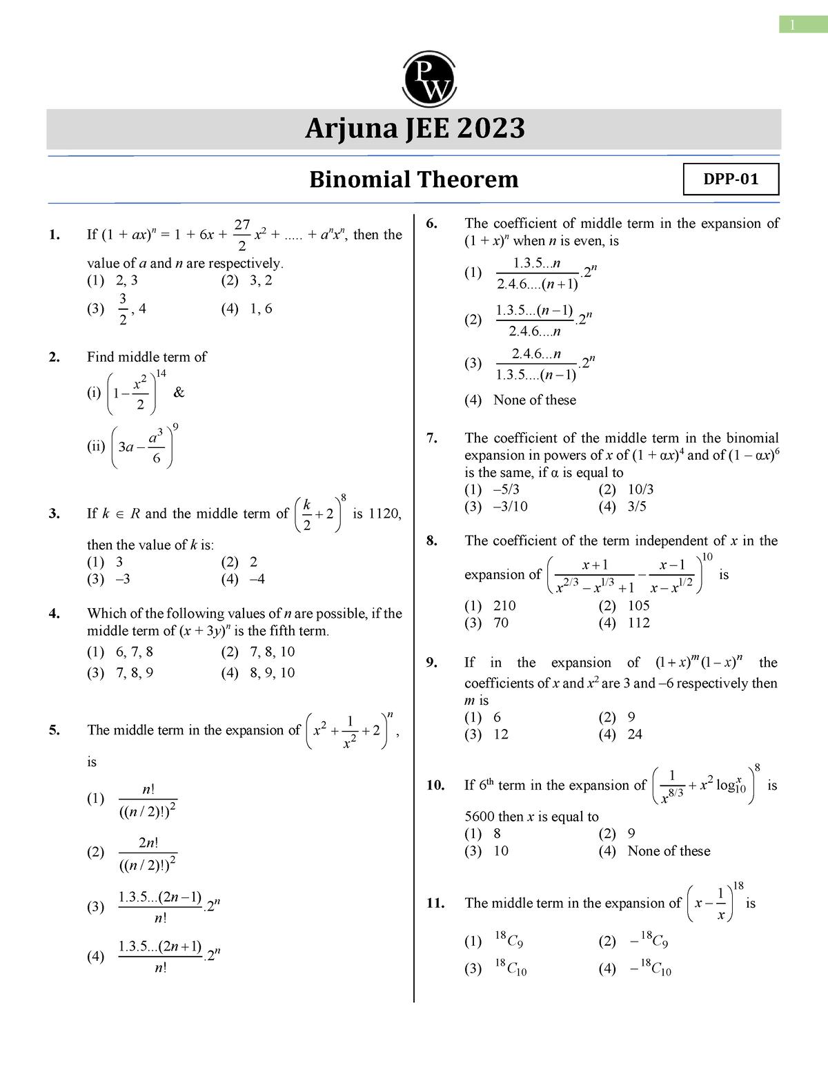 Binomial Theorem DPP 01 (Arjuna JEE 2023) - 1 Arjuna JEE 2023 Binomial ...