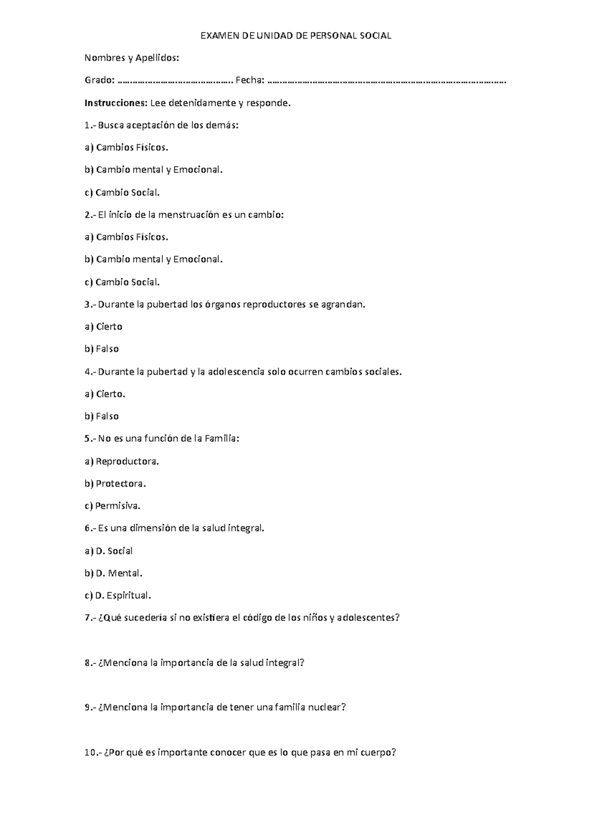 Examen DE Unidad DE Personal Social - EXAMEN DE UNIDAD DE PERSONAL ...