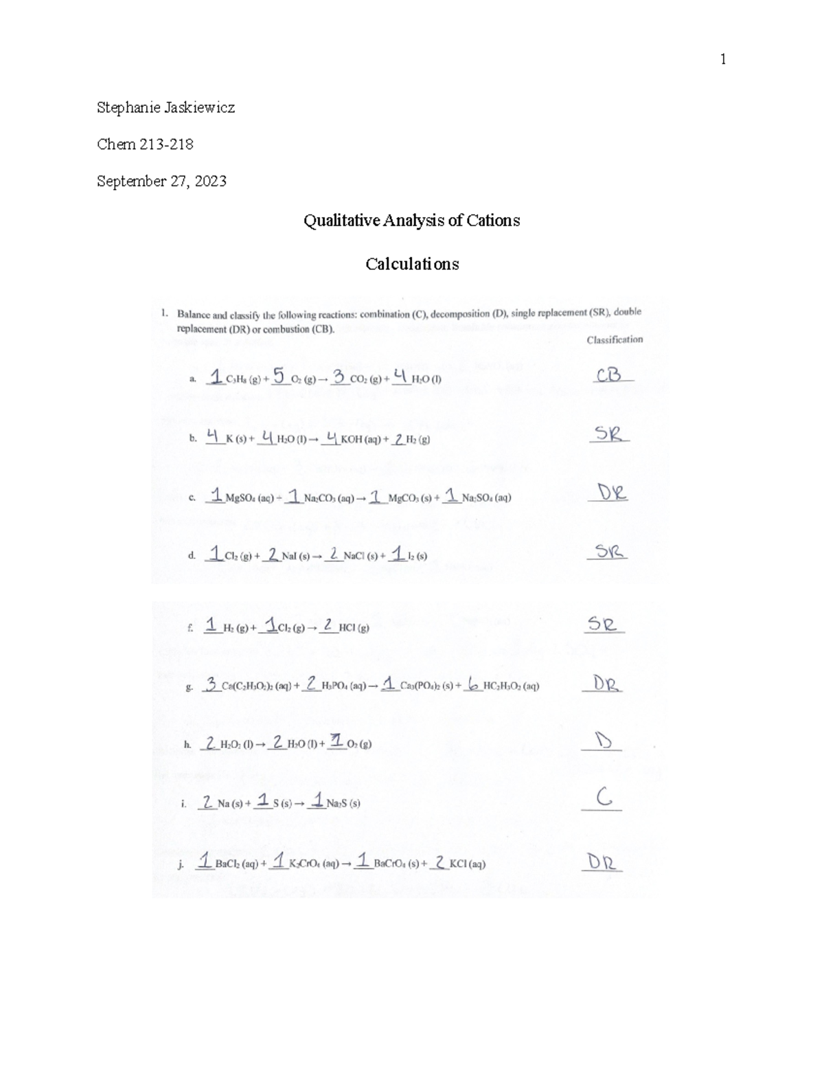 Qualitative Analysis of Cations - Lab Report - Stephanie Jaskiewicz ...