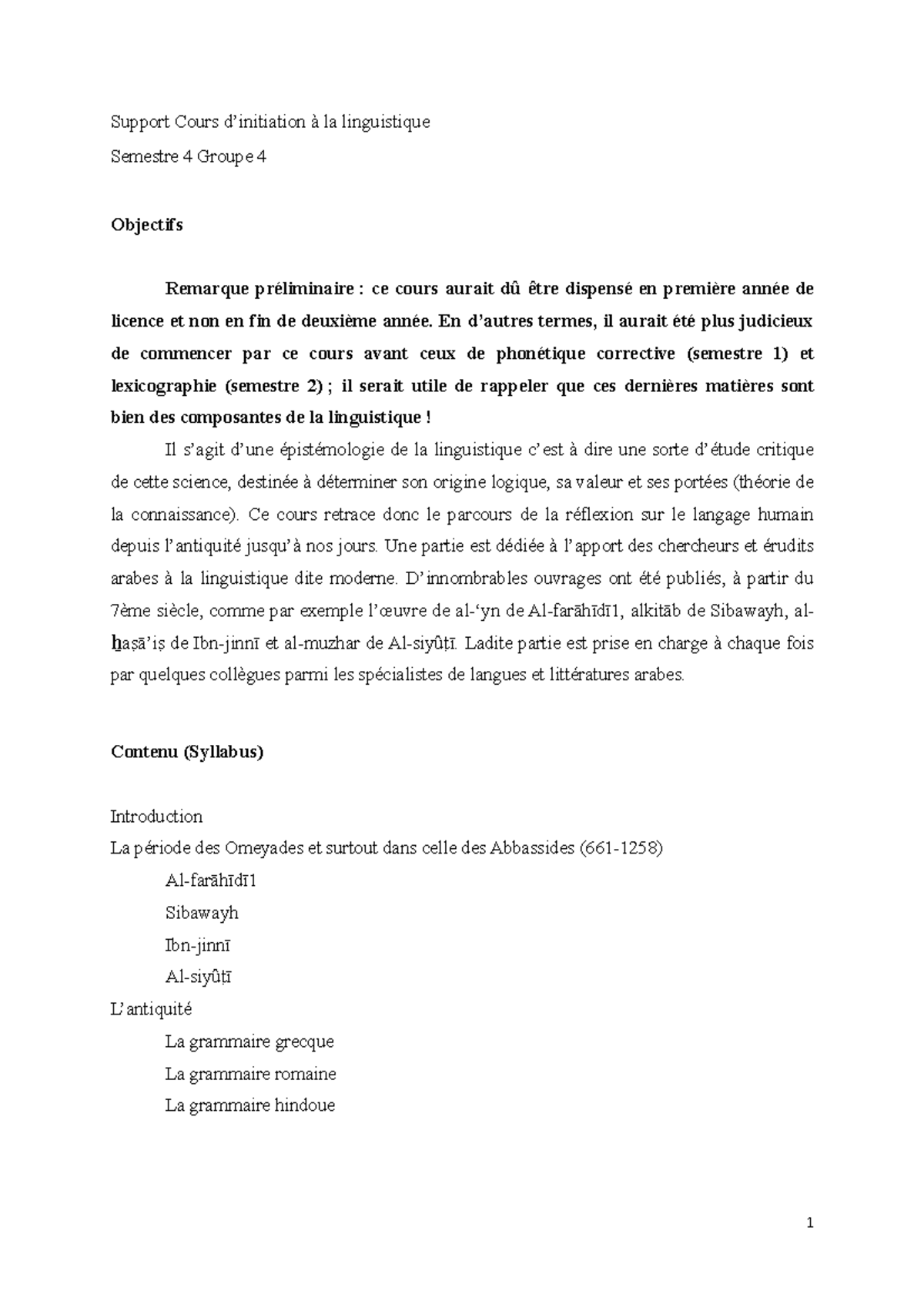 1ère partie Cours initiation à la linguistique S4 - Support Cours d ...
