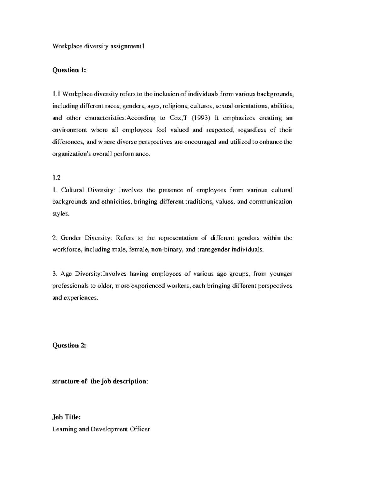 Workplace diversity assgn 1 - Workplace diversity assignment Question 1 ...