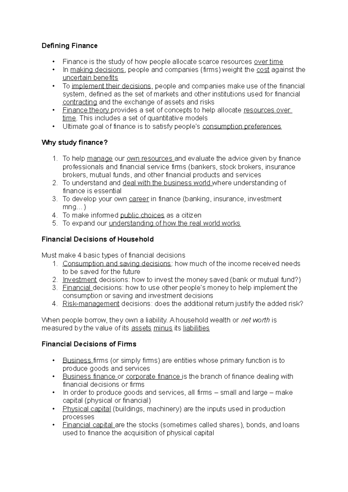 FIN 300 Class Notes - Defining Finance Finance is the study of how ...