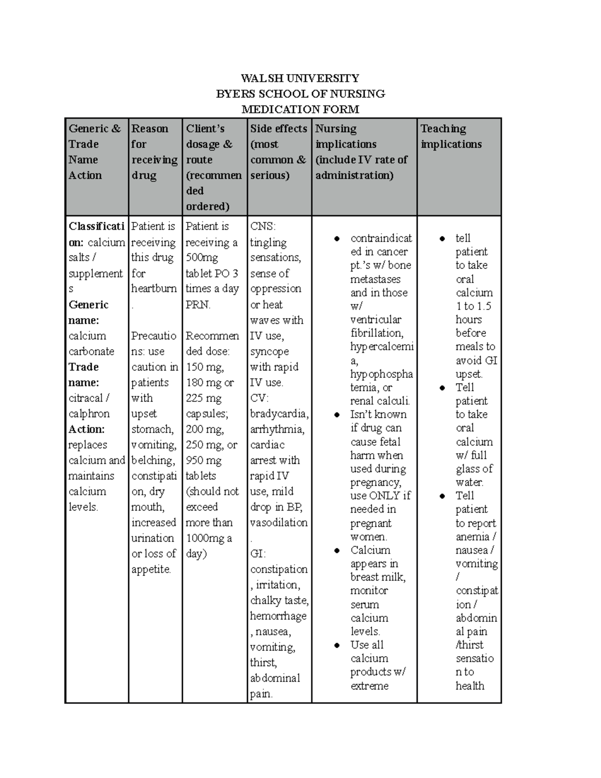 Calcium carbonate medication sheet WALSH UNIVERSITY BYERS SCHOOL OF