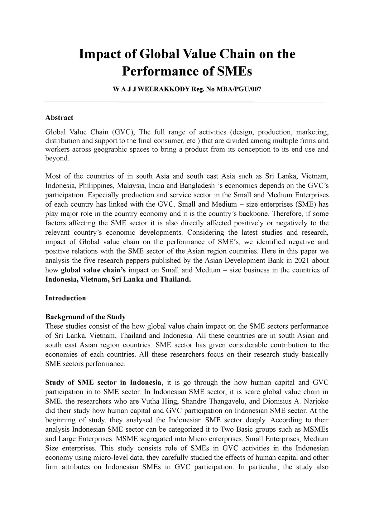 Assignment 01 Semester 2 Impact Of Global Value Chain On The 