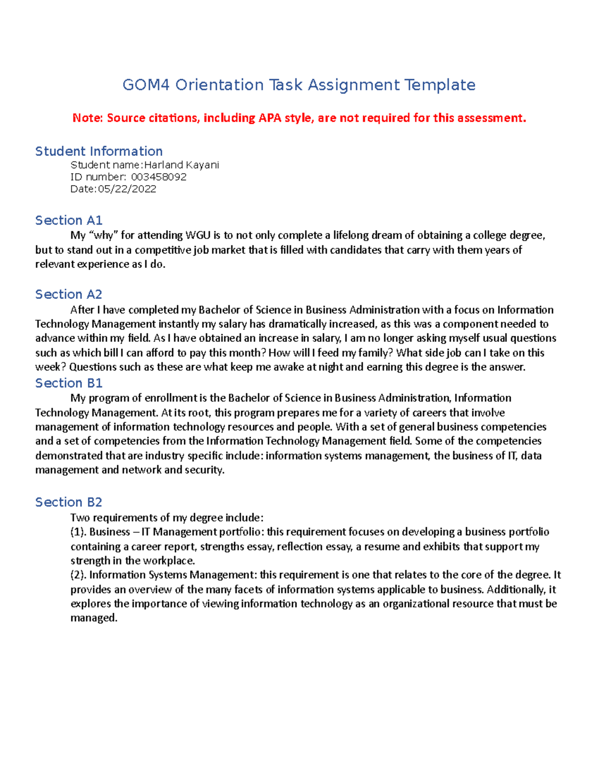 Orientation Task Template Gom Orientation Task Assignment Template Note Source Citations