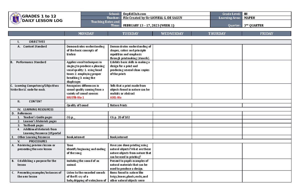 DLL Mapeh 3 Q3 W1 - m,vszvgesdrvgdevgwefgrerhbydttmdnhcf - GRADES 1 to ...