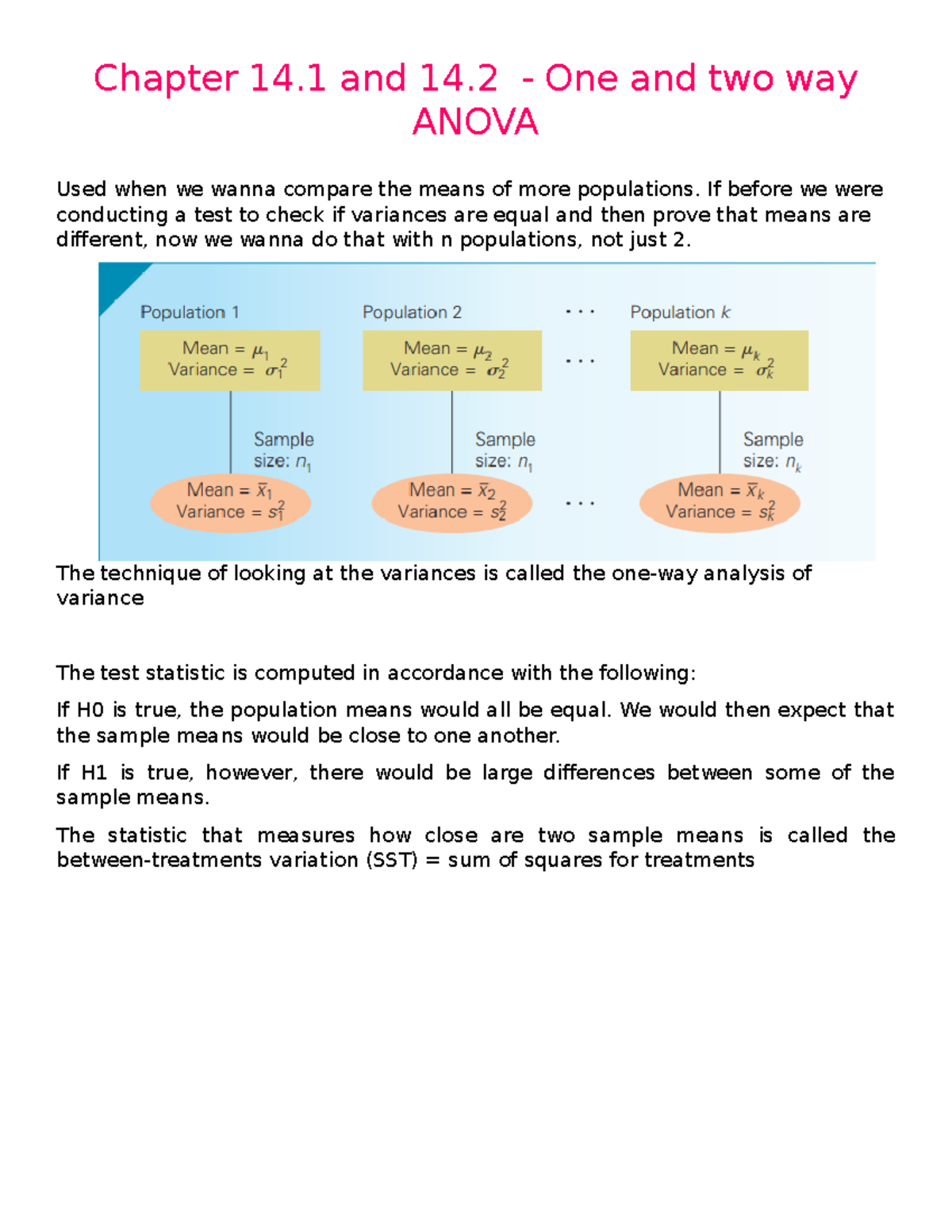 Chapter 14 - notes - Chapter 14 and 14 - One and two way ANOVA Used ...
