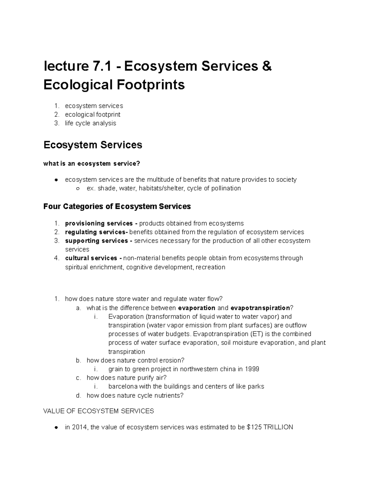 Env 101 - Env 101 Lecture Notes - Lecture 7 - Ecosystem Services ...