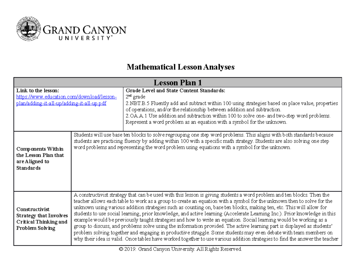 ELM-470-T2-Mathematical Lesson Analysis - ELM-470 - GCU - Studocu