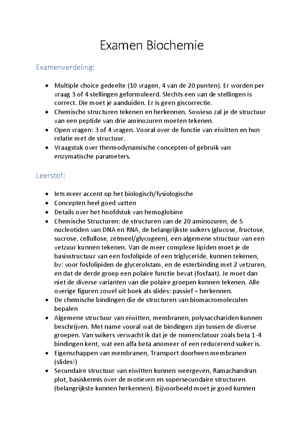 Examenvragen Algemene Biochemie - Examen Biochemie Examenverdeling ...