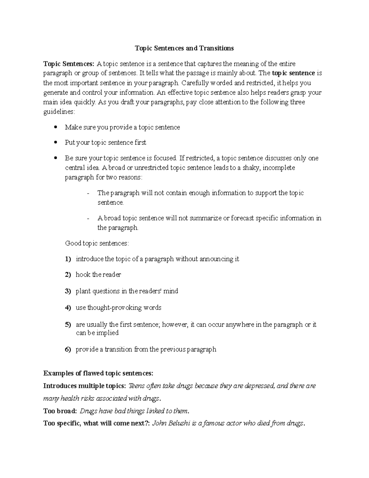 Topic Sentences and Transitions - It tells what the passage is mainly ...