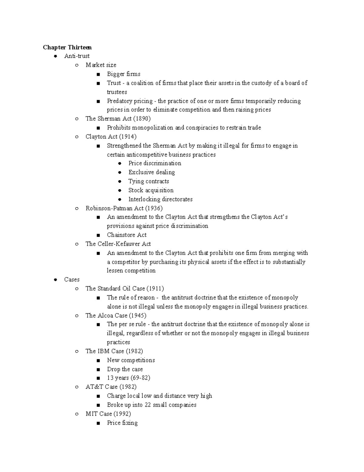 Econ Chapter 13 - Lecture notes 13 - Chapter Thirteen Anti-trust Market ...