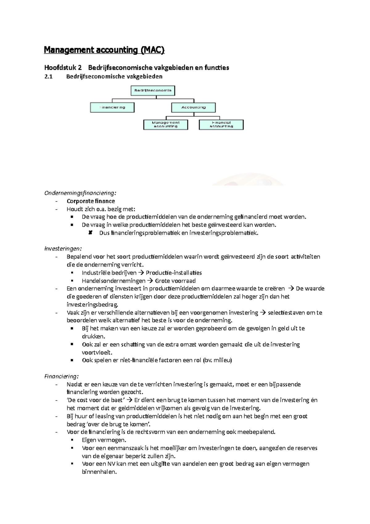 Samenvatting Deeltoets - Management Accounting (MAC) Hoofdstuk 2 ...