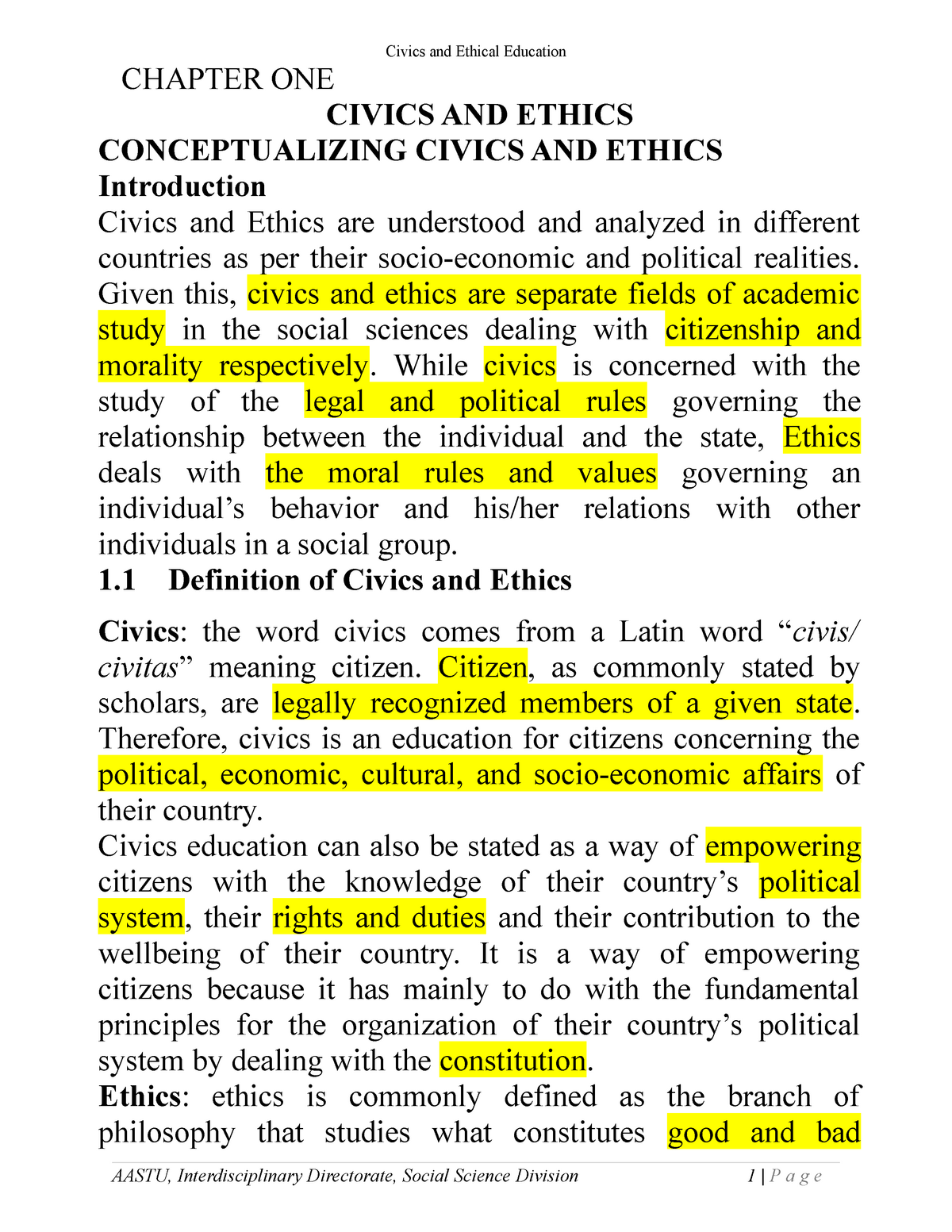 essay on ethics and civics