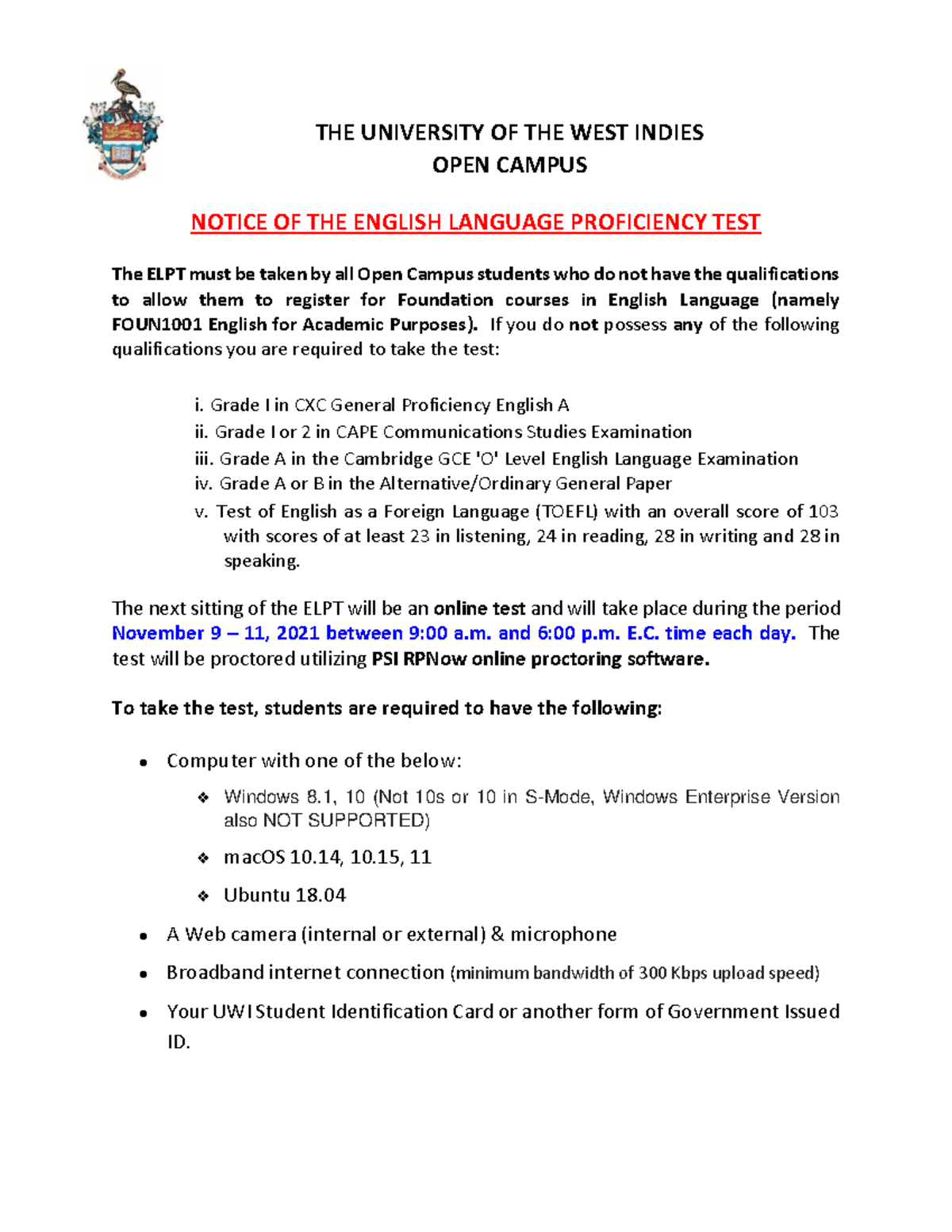 ELPT Notice to Students - November 2021 - THE UNIVERSITY OF THE WEST ...