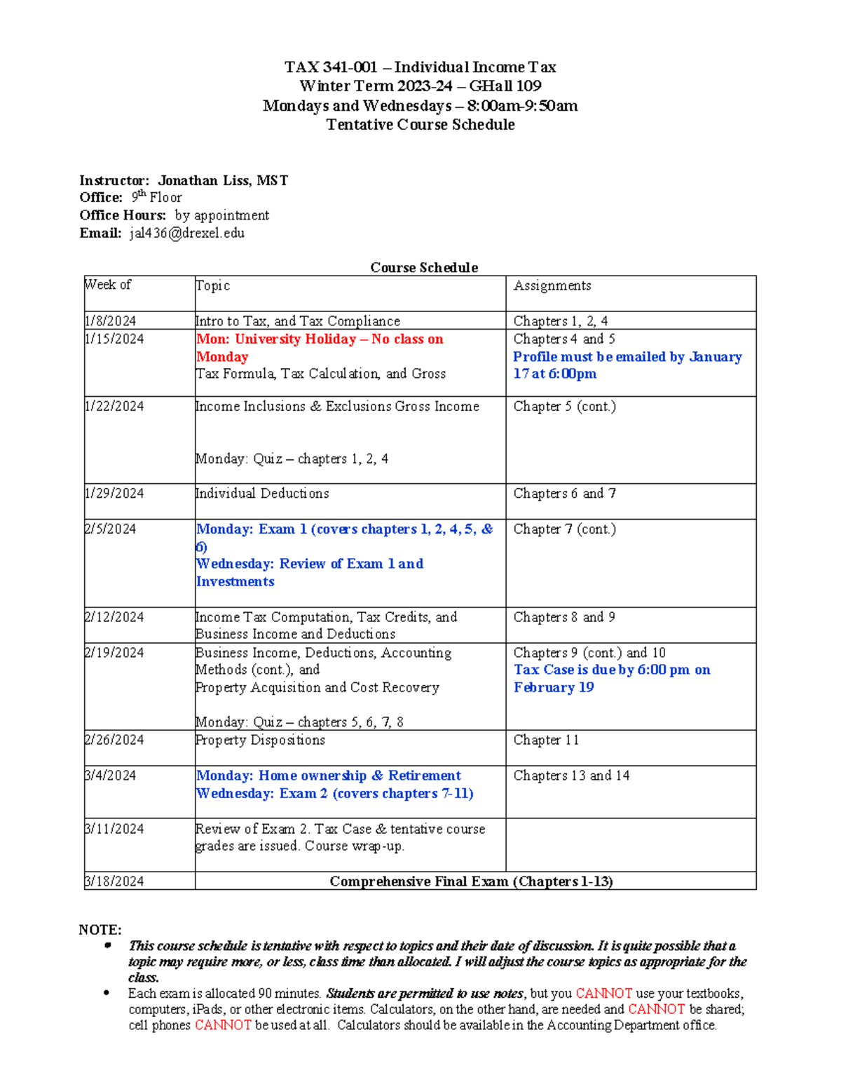 Tax 341 Syllabus - Winter 2024 - Liss Final - Tax 341-001 – Individual 