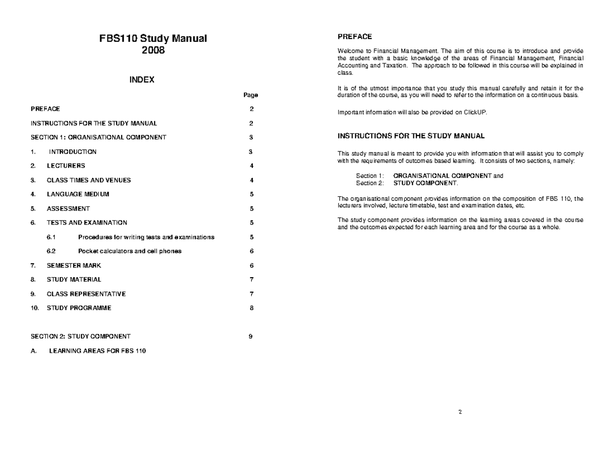 Fbs 110 study guide - lecture notes - FBS110 Study Manual 2008 INDEX ...