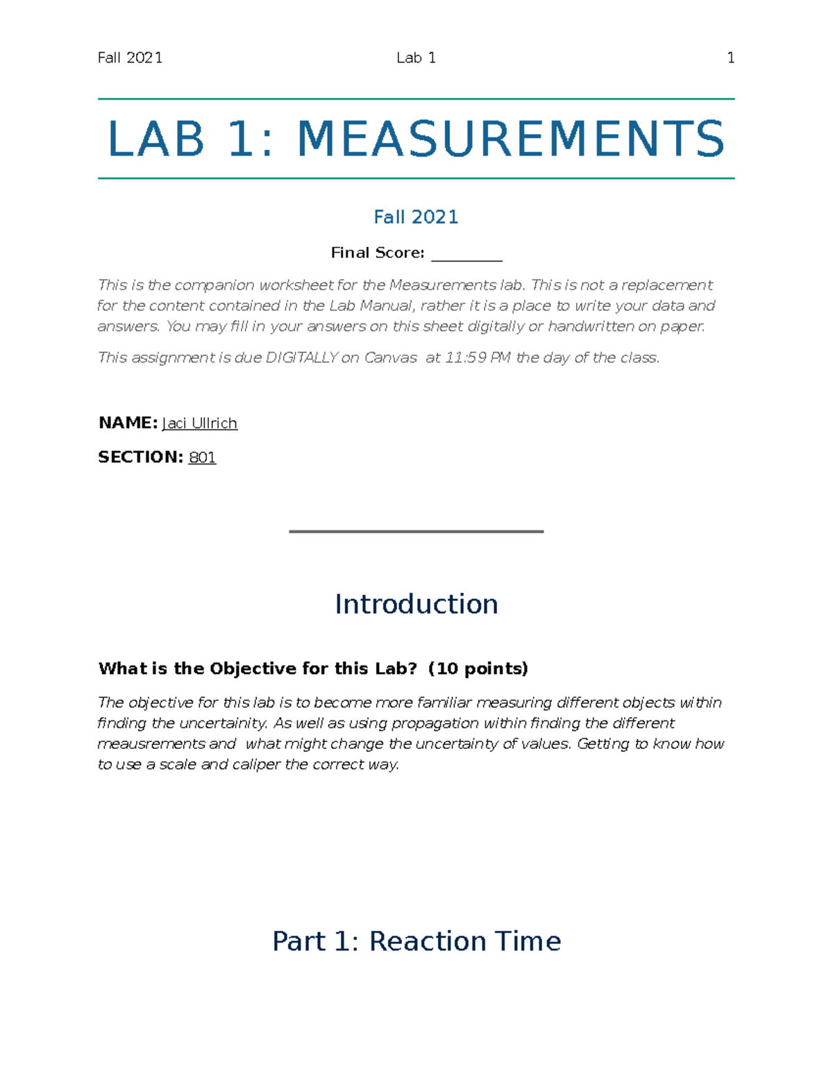 Lab1Measurements LAB 1 MEASUREMENTS Fall 2021 Final Score