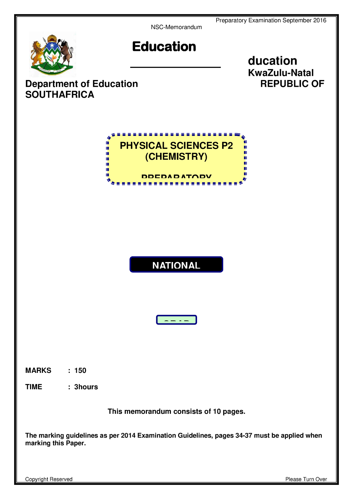 2016 KZN Phy Sci Gr 12 Sep Exam P2 Memo NSCMemorandum Education