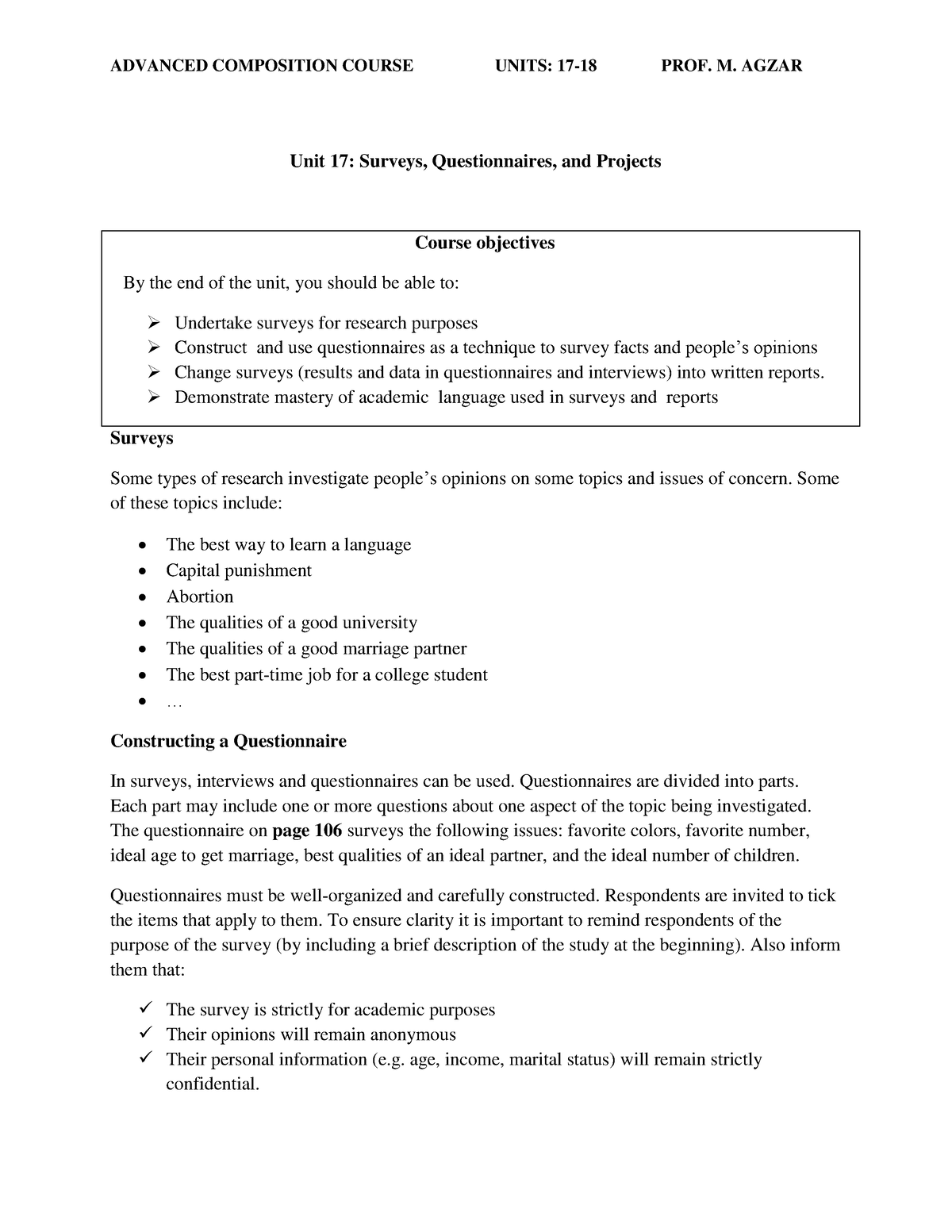 Advanced Composition S4 Unit 17 Surveys, Questionnaires, and