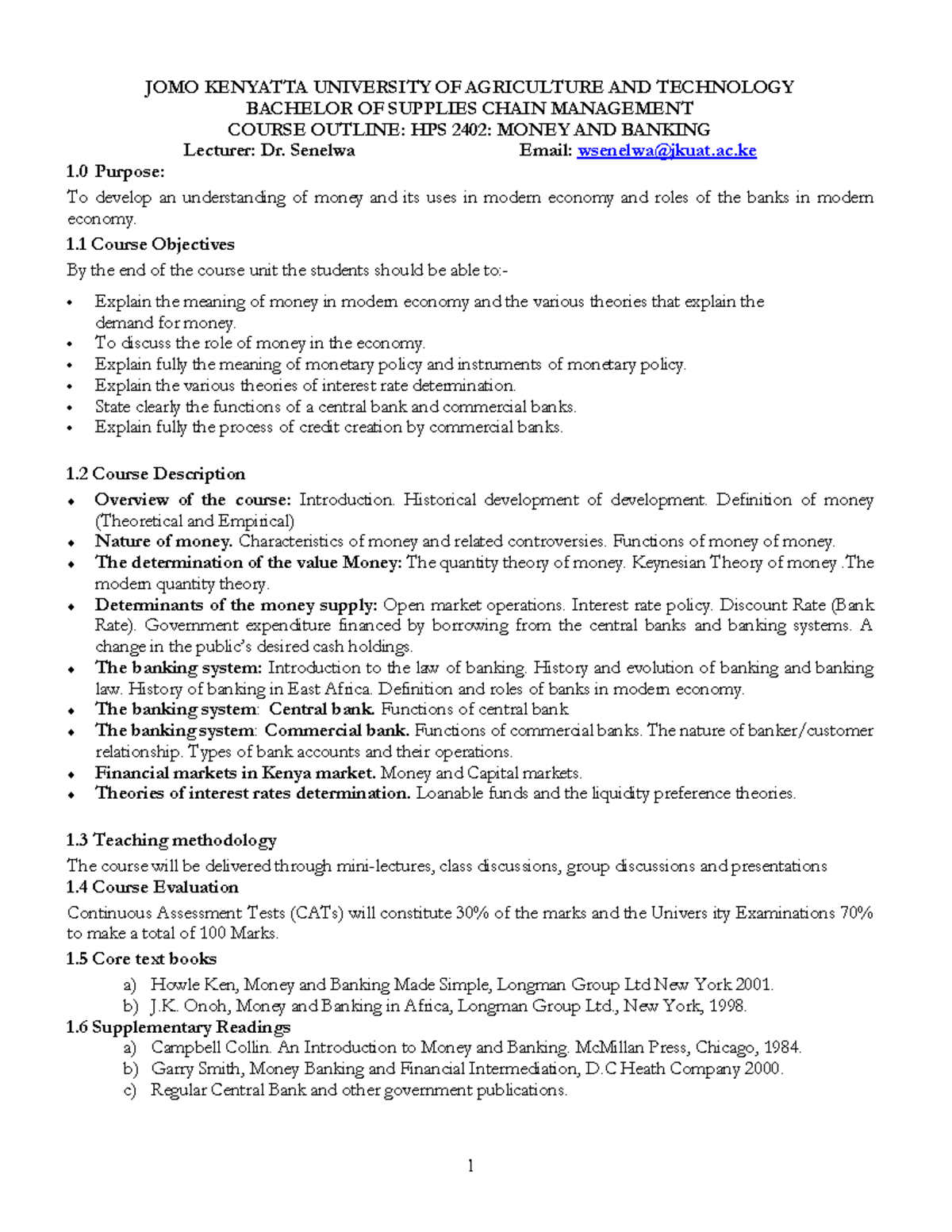 HPS 2402 Money and Banking Course Outline BSCM Bachelor of