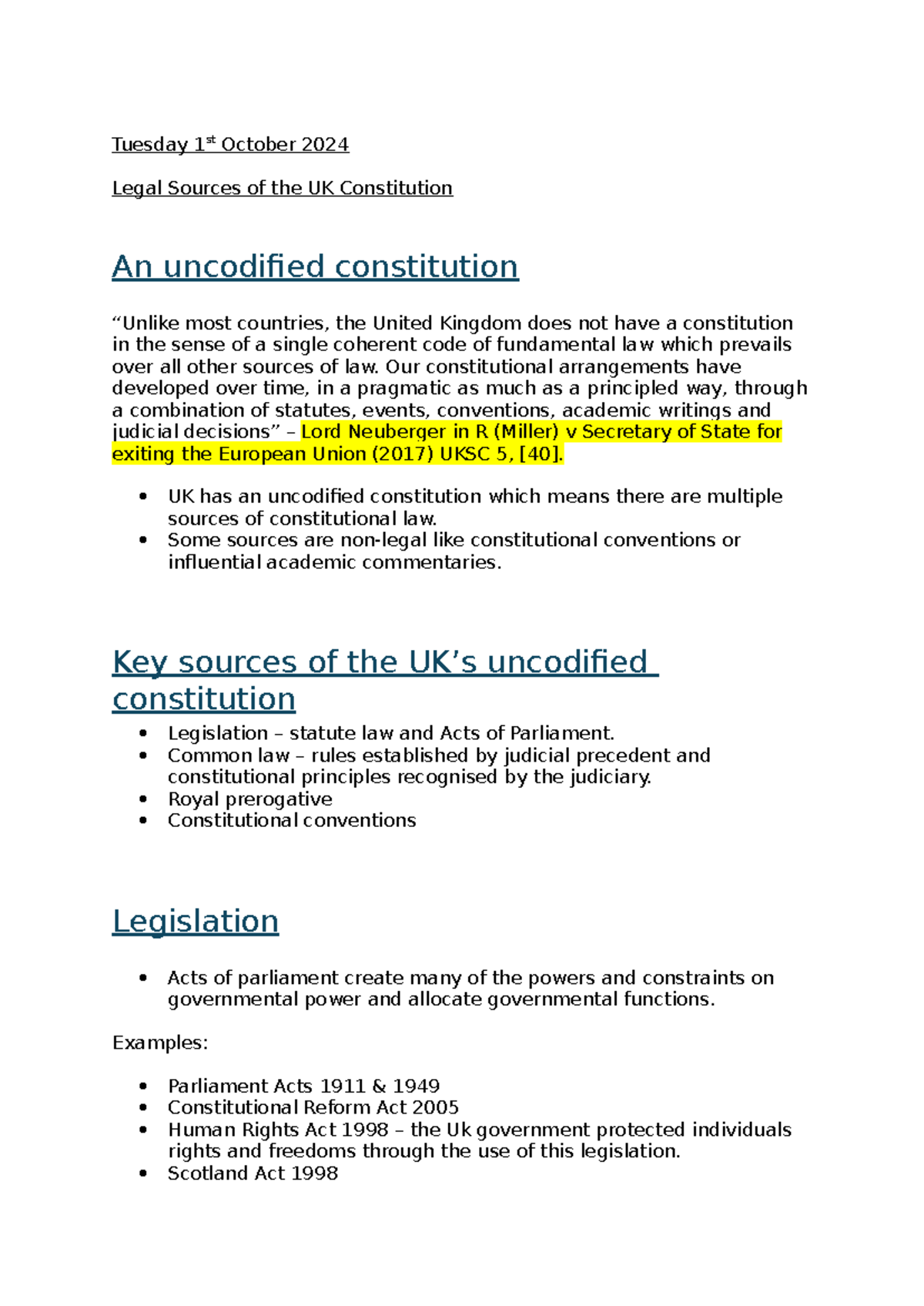 2 - Legal sources of the UK constitution - Tuesday 1st October 2024 ...