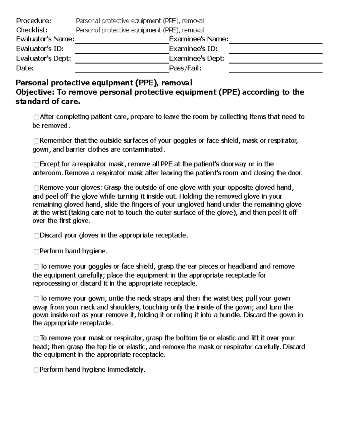 Skills Checklist - Personal protective equipment (PPE), removal ...