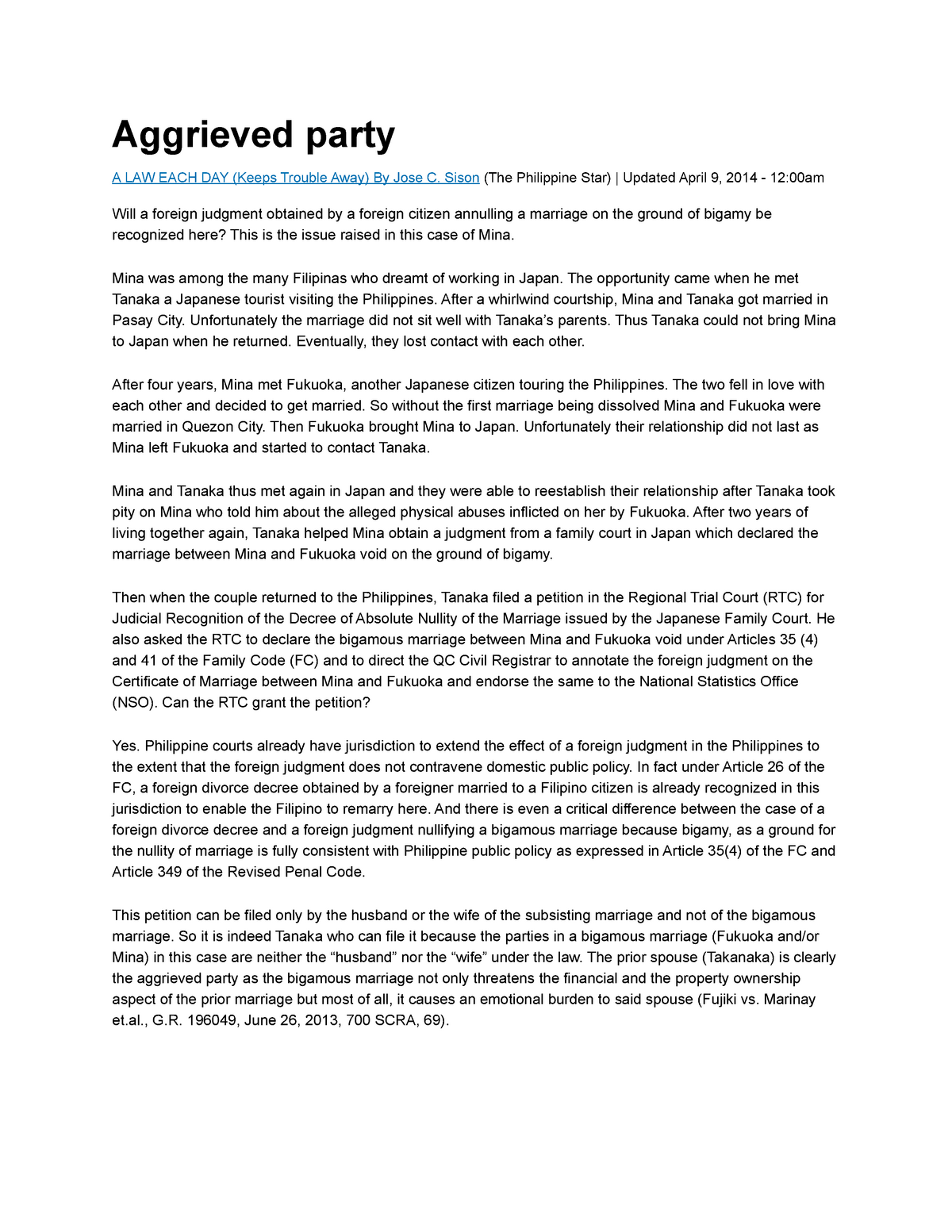 Aggrieved Party Apr 9 2014 Persons Declaration OF Nullity OF Marriage 