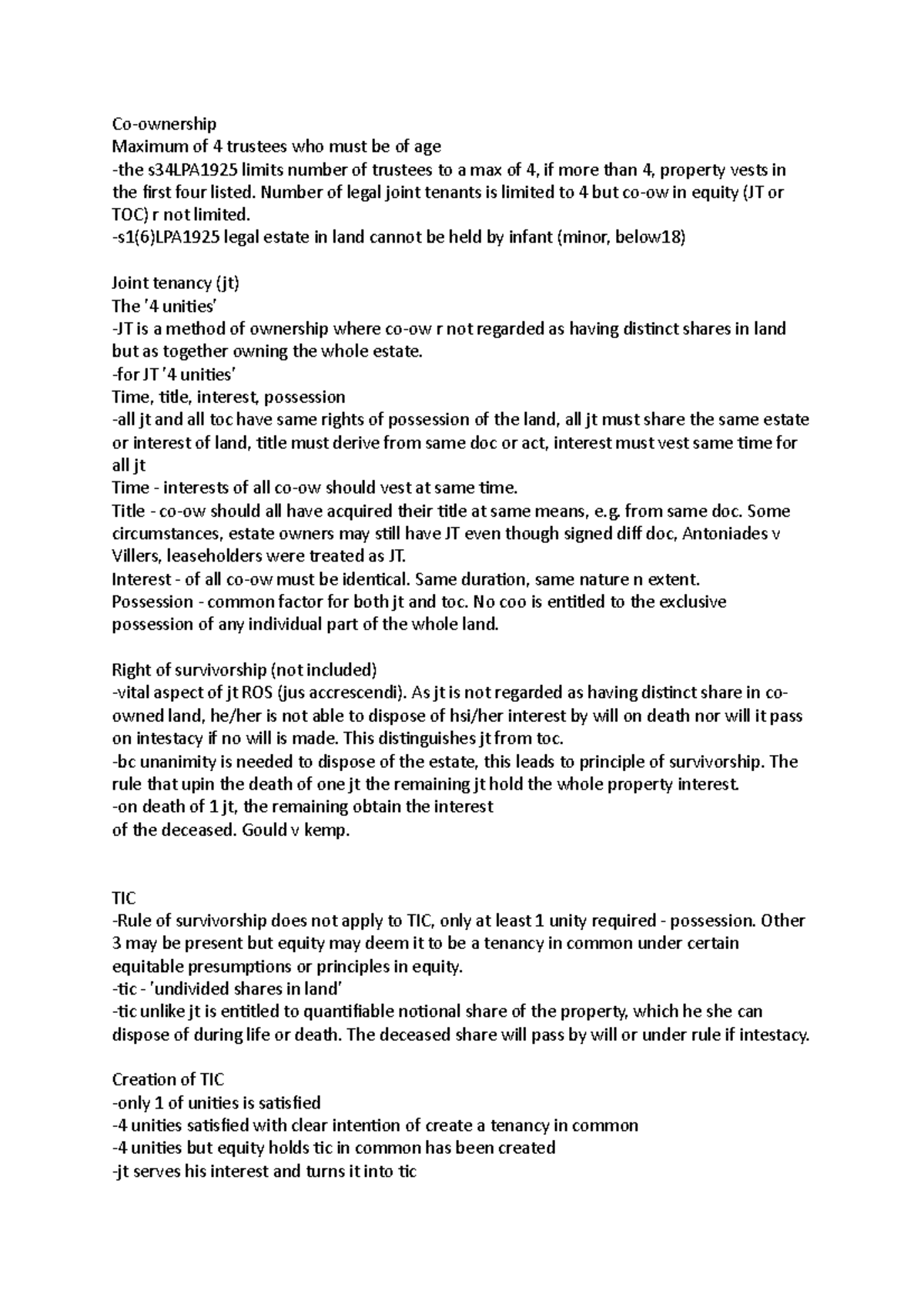 Land Law - Co-ownership lecture notes - Co-ownership Maximum of 4 ...
